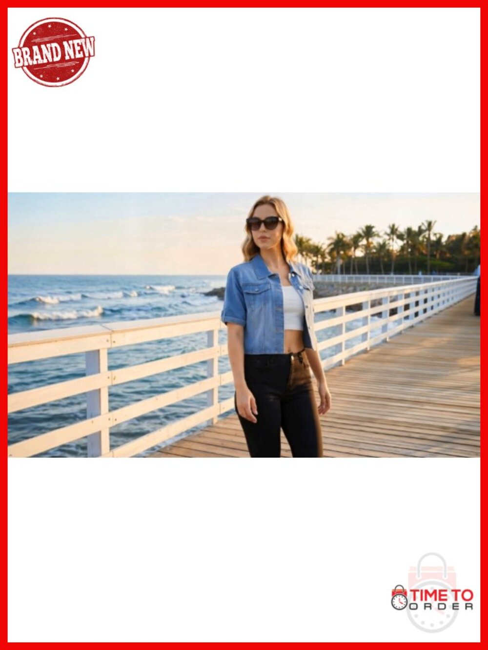 Cropped Button Up Denim Jacket Short Sleeve Jean Jacket Women's Casual - Picture 6 of 6